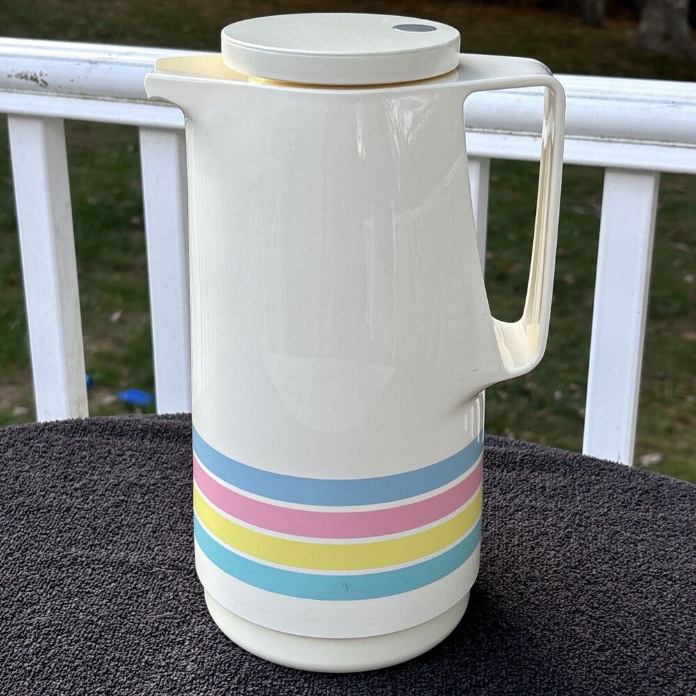 Vintage 1980s THERMOS Vacuum Insulated Carafe #790, Rainbow Stripe, West Germany